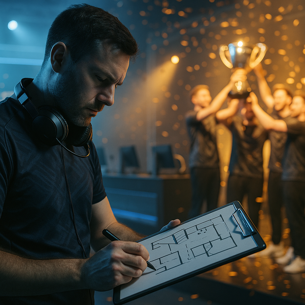 A moody esports-stage photo: a coach in cool light studies a tactical clipboard while,